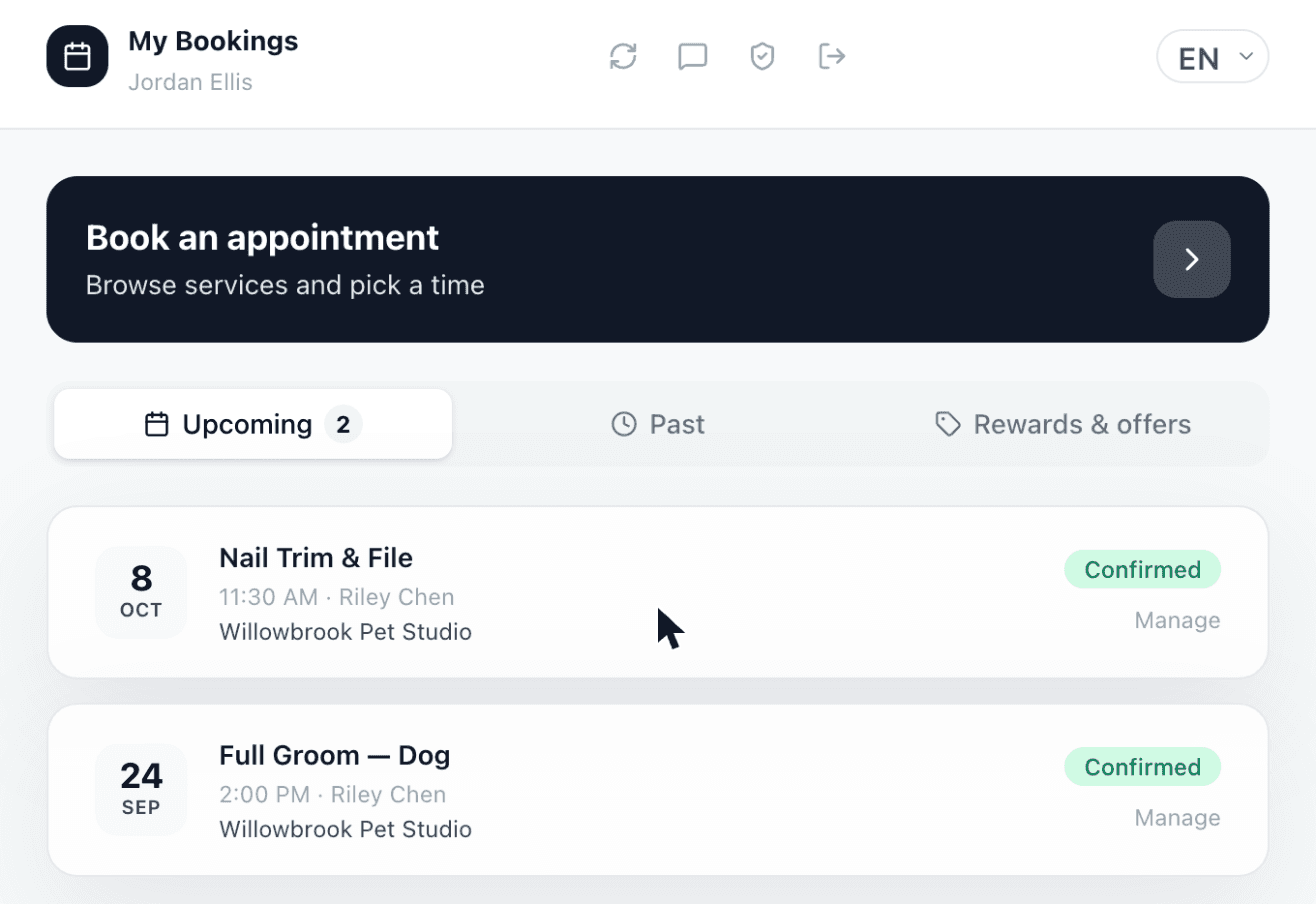 Waine client portal for a customer named Jordan Ellis, listing two upcoming confirmed grooming appointments with the option to manage each one